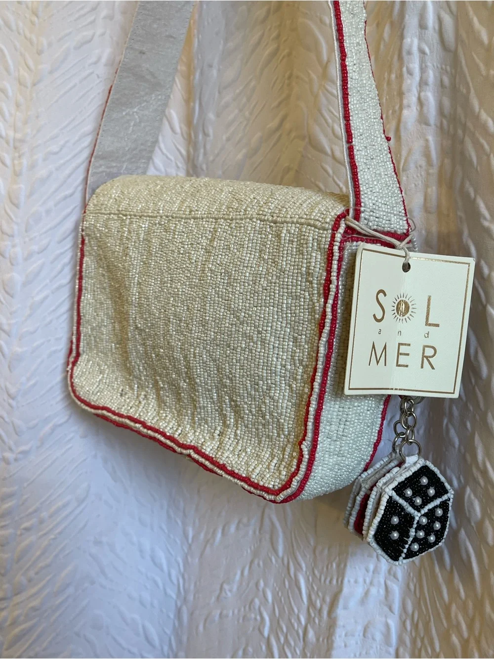 Sol & Mer White Beaded Lucky Dice & Cards Shoulder Bag - NWT **